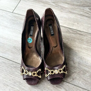 Santa Lolla Wine Snakeskin Embossed Leather Open Toe Pumps